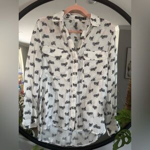 *LIKE NEW* Max Studio White Button-Down Shirt with Black Motorcycle Print